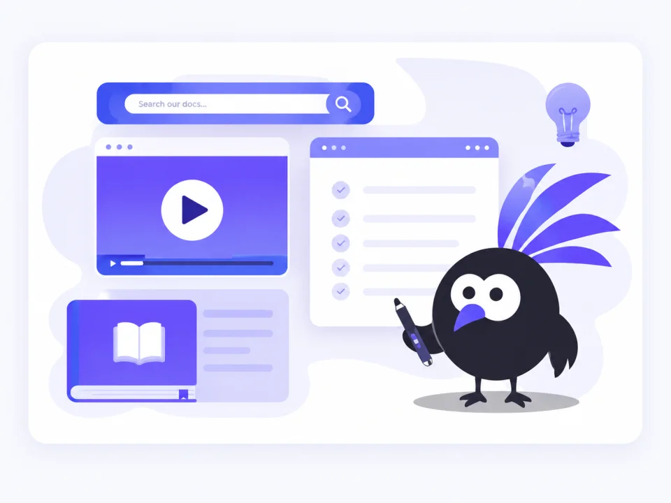 Illustration HOST.NC avec guides, vidéo, documentation et le cagou mascotte